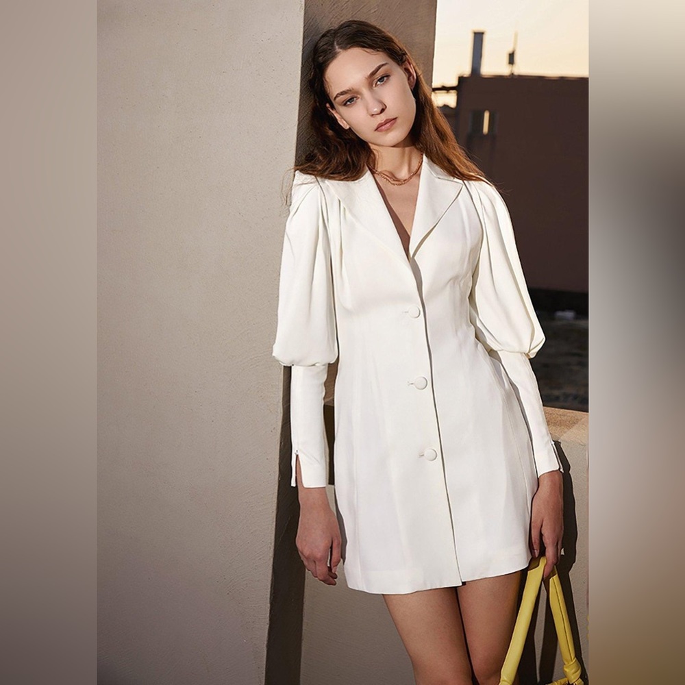 White Puff Sleeve Single Breasted Mini Fitted Blazer Dress
